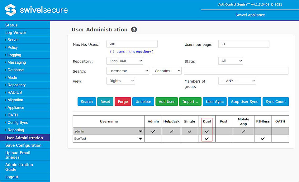 Screen shot of the User Administration page